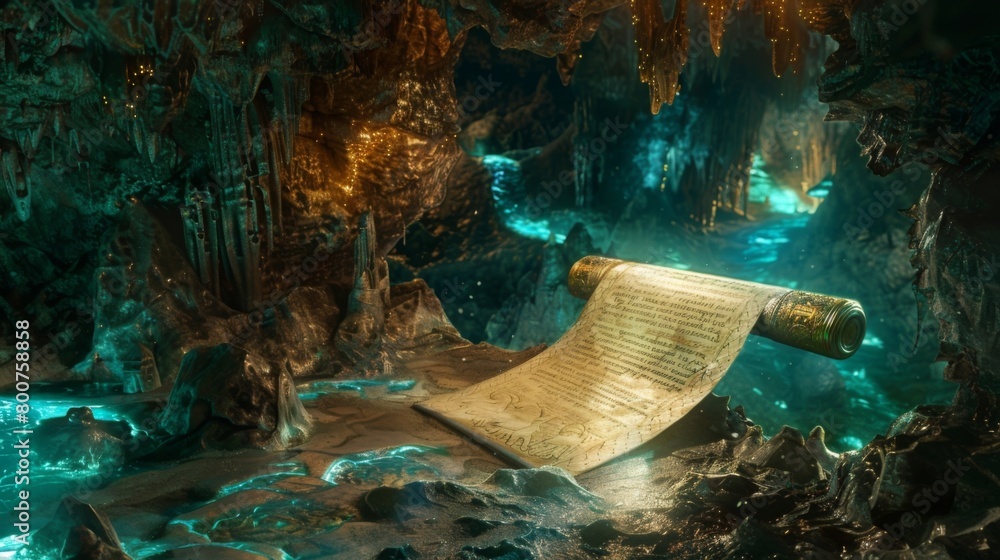 Poster deep within a hidden cave a band of mystical creatures gather around a glowing scroll entranced by t