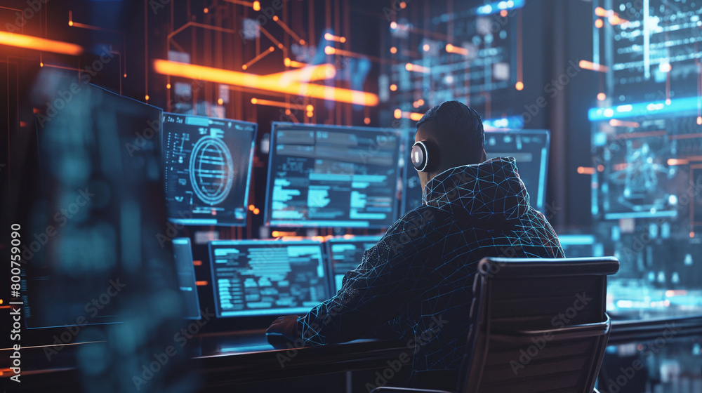 Poster man working on cyber security, ethical hacker cyber security expert