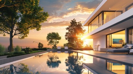 Luxury home with modern pool at sunrise, contemporary villa architecture, resort style hotel with beautiful interior and exterior design, backyard view, summer vacation and real estate concept