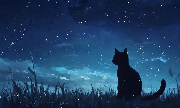 starry sky and lonely cat