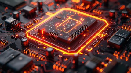 Fototapeta premium Futuristic Abstract Geometric Chip Wallpaper Fusing Electronic Bands and Blue Lightwave Forms in a Surrealist Style with Technological Patterns