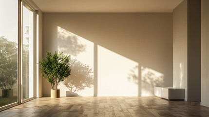 A large empty room with a plant in a vase and a bench. The room is very bright and open, with sunlight streaming in through the windows. The plant and bench add a touch of greenery