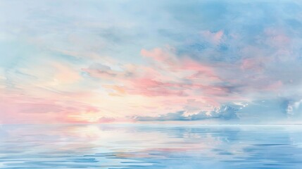 Gentle watercolor scene of a coastal horizon at sunset, the sky's soft pinks and blues reflected in the quiet sea