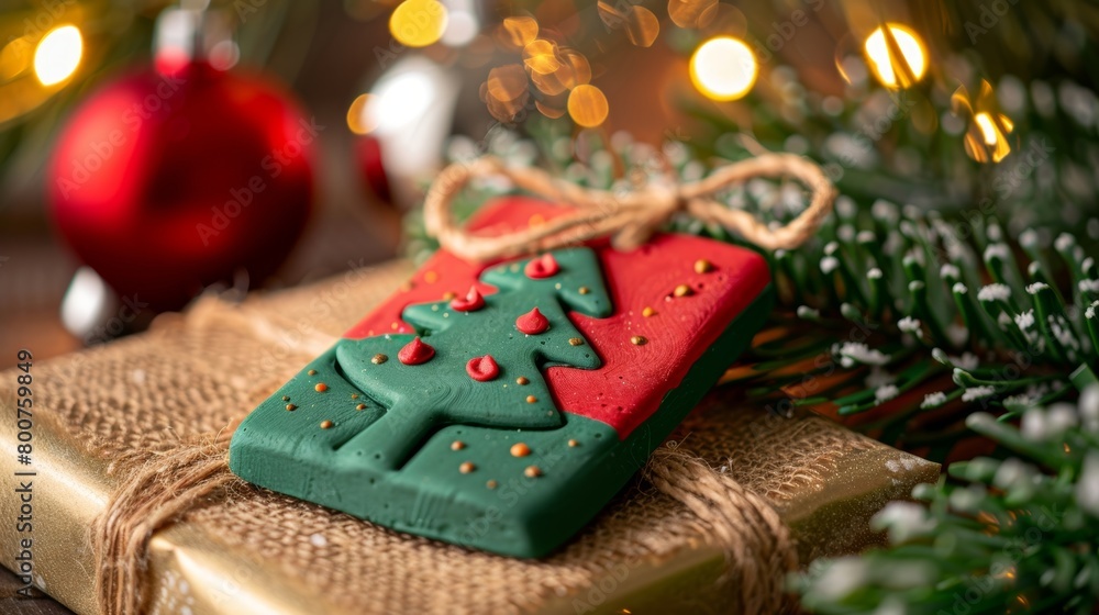 Aufkleber a festive holidaythemed clay gift tag with a festive red and green color scheme and a burlap string 