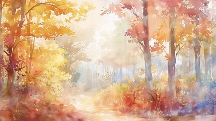 Light watercolor of an autumn forest scene, the soft fall colors and gentle scenery helping to reduce stress and promote healing