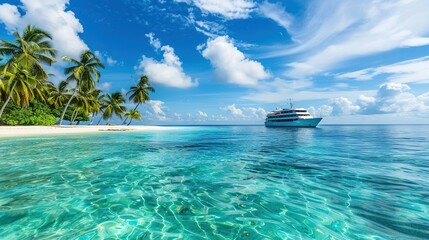 Luxury cruise ship near a tropical island with palm trees and clear turquoise waters under a bright blue sky