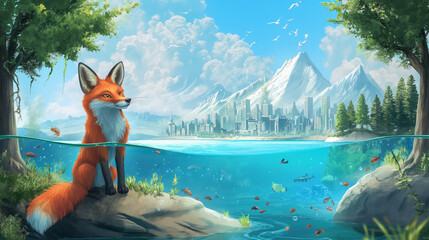 The Fox character in the topical beach with forest tree and underwater isolation background, Illustration