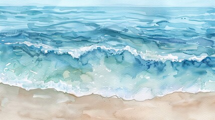 Minimalist watercolor depicting a soft blue sea with faint waves lapping at a clear beach, evoking quiet and peace