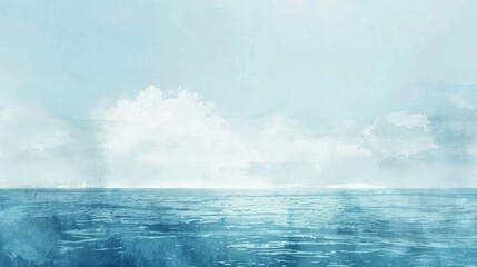 Minimalist watercolor horizon where the ocean meets the sky, using a soothing palette of blues and greens to enhance patient relaxation