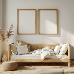 A wooden bed with two white pillows and a white blanket