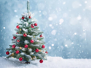 cristmas tree with full of christmas decoration, snow background -  ai