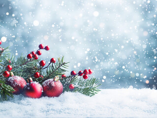 Fototapeta na wymiar cristmas tree with full of christmas decoration, snow background - ai