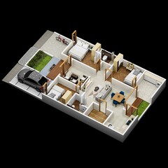 3d rendering floor plan of a house top view, minimalist house 135 square meters with 3 bedrooms
