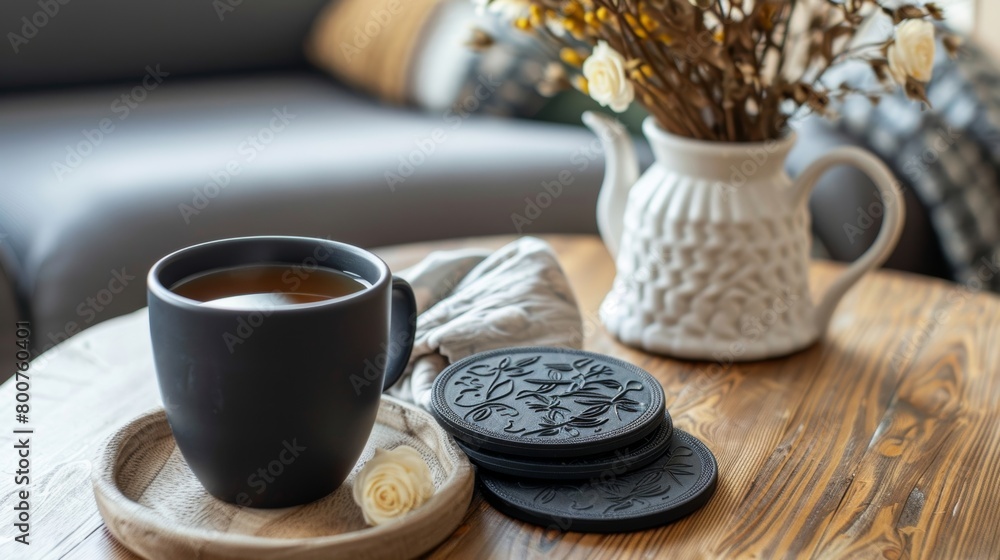 Poster a cozy home setting with a set of diy embossed coasters p on a coffee table next to a cup of tea..