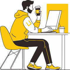 Man Working on Laptop with Coffee in Yellow Office