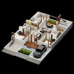 3d rendering floor plan of a house top view, minimalist house 135 square meters with 3 bedrooms
