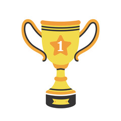 Gold cup vector icon. Sports prize, winner trophy. Best champion award, first place. Goblet of victory with star, handles, name plate. A gift for winning a competition, game, event. Hand drawn clipart