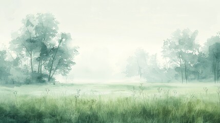 Minimalistic watercolor of a misty morning meadow, the haze adding a layer of mystique and calm suitable for a medical environment
