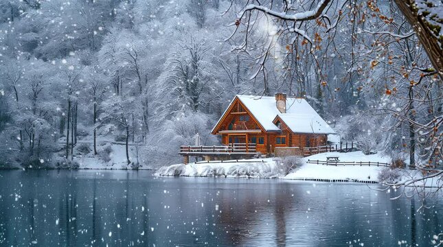 Winter wonderland: Snow-covered house by the lake in a serene winter landscape
Seamless looping 4k time-lapse virtual video animation background. Generated AI