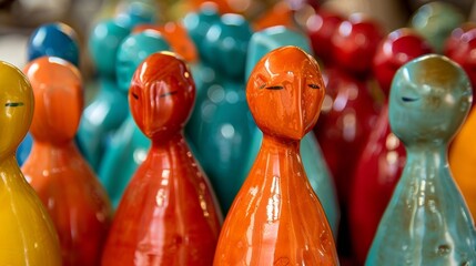 A collection of ceramic figurines with a smooth and shiny enamel finish showcasing their vibrant and vivid colors..