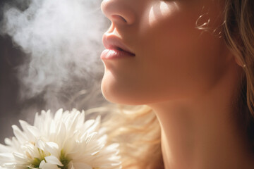 Lost in the fragrance, she emanates a serene and refreshing vibe. Smell of flowers