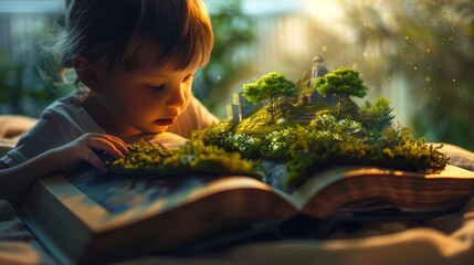 A child reading a book their surroundings gradually transforming into the setting of the story with each turn of the page..
