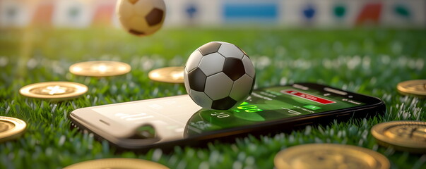 Mobile phone Soccer betting. Soccer field on smartphon. bet and win concept.Watch a live sports event on your mobile device. Betting on football matches	 - obrazy, fototapety, plakaty