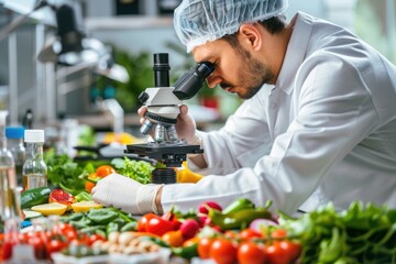 A food scientist in lab attire conducting quality control using a microscope among fresh vegetables.