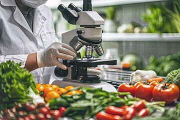 A food scientist in lab attire conducting quality control using a microscope among fresh vegetables.