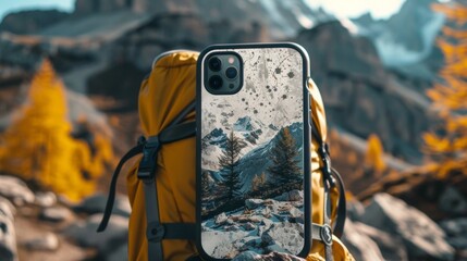 Blank mockup of a rugged outdoorthemed phone case with a mountain landscape design. .