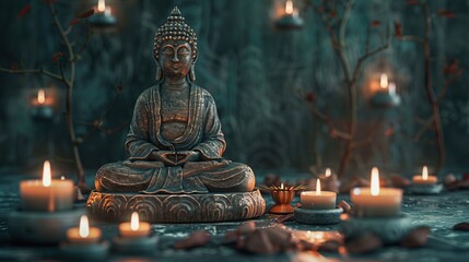 Meditating buddha statue in lotus pose with zen candles, ancient temple, mystic oriental culture, peaceful spiritual healing art