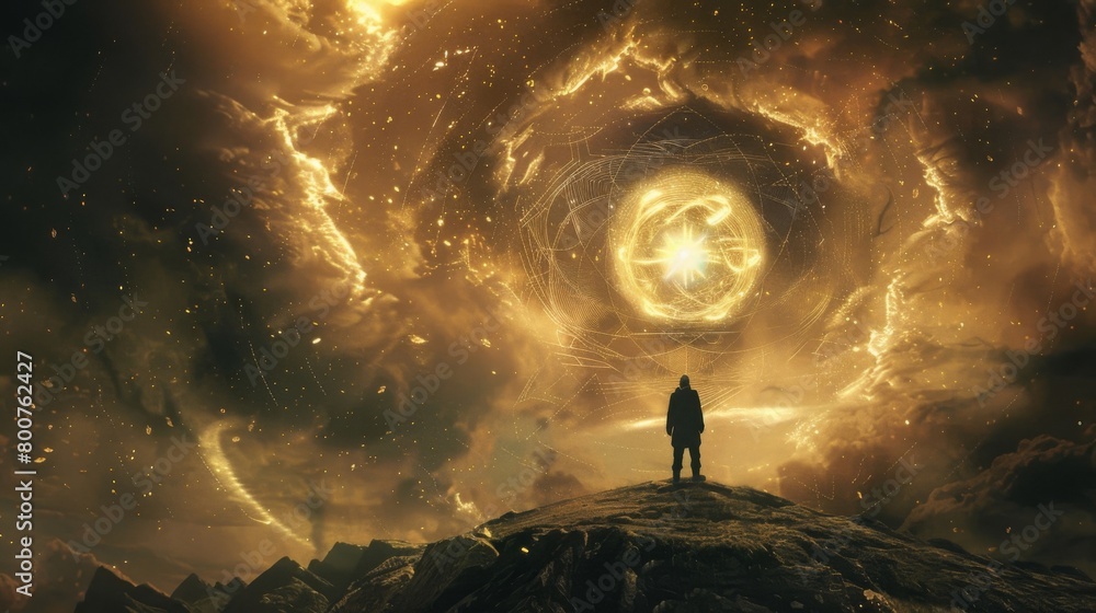 Poster a lone figure stands on a mountaintop surrounded by a swirling vortex of symbols and sigils carved i