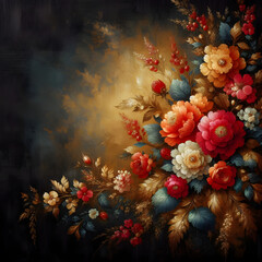 Red and gold flowers, oil painting, with bright colors, HDR, a black background, with a free space to add your text