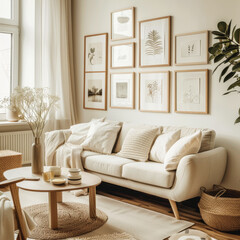 A living room with a white couch, a coffee table, and a vase of flowers. The room has a cozy and welcoming atmosphere