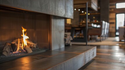 Obraz premium A modern steel mantel frames the fireplace giving it a sleek and sophisticated touch. 2d flat cartoon.
