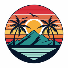 Obraz premium tropical island with palm trees, beach with palm trees vintage vector illustration with white background