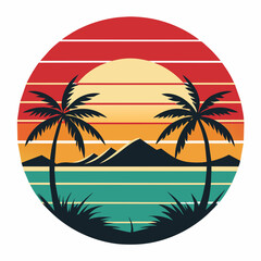 tropical island with palm trees, beach with palm trees vintage vector illustration with white background