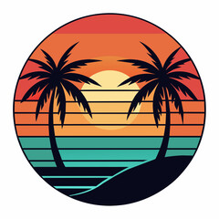 tropical island with palm trees, beach with palm trees vintage vector illustration with white background