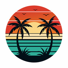 tropical island with palm trees, beach with palm trees vintage vector illustration with white background
