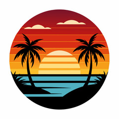 tropical island with palm trees, beach with palm trees vintage vector illustration with white background