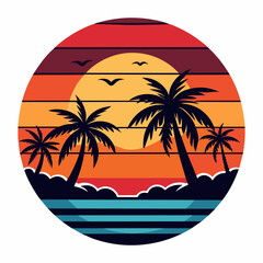 tropical island with palm trees, beach with palm trees vintage vector illustration with white background