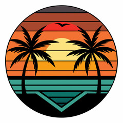 tropical island with palm trees, beach with palm trees vintage vector illustration with white background