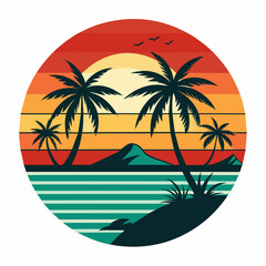 tropical island with palm trees, beach with palm trees vintage vector illustration with white background