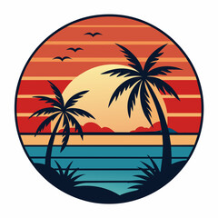 tropical island with palm trees, beach with palm trees vintage vector illustration with white background