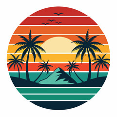 tropical island with palm trees, beach with palm trees vintage vector illustration with white background