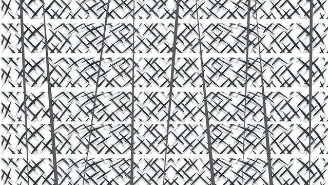 Horizontal patterned stripes move like the tracks of an all-terrain vehicle or an escalator. Vertical lines or wires flash across these objects.