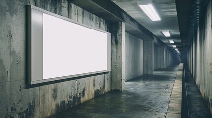 Mockup blank white sign in concrete corridor, underground subway