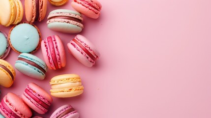 colorful macarons, light in a pink background