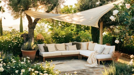 corner sofa under white sail canopy in the garden with olive trees