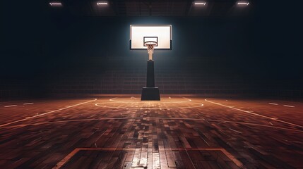 A basketball court with a wooden parquet surface is showcased in a side view mockup, featuring a hoop, tribune, and bright illumination from above casting light on the scene, teamwork and sportsmanshi
